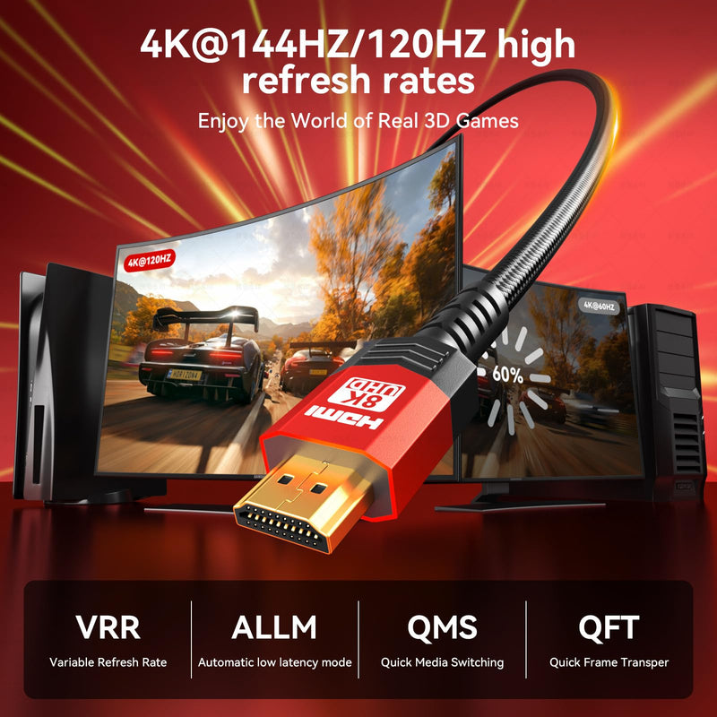 Fiber Optic HDMI 2.1 Cable 50FT,48Gbps Ultra High Speed Braided Uni-Directional Cord-8K@60Hz 4K@120Hz/144Hz HDCP 2.2&2.3 eARC DTS:X HDR10 VRR Compatible for RTX 5090/PS5/Xbox X/S/TV etc Red 50 ft