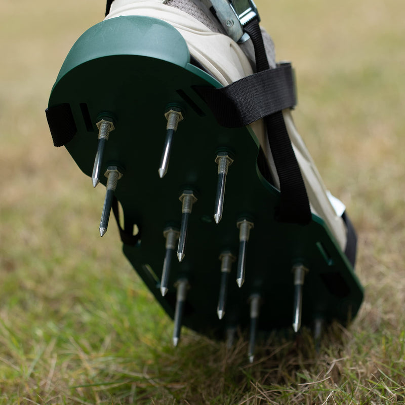 Lawn and Garden Aerator Spike Shoe with 3 Metal Buckle Straps, Green Spiked Sandal Improved