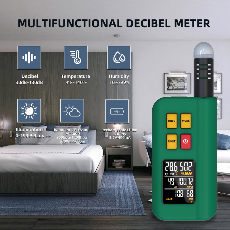 [Australia - AusPower] - BSIDE GX1 Portable Environmental Meter Rechargeable 6-in-1 with Digital Light Meter Decibel Meter Barometer Altimeter Temperature and Humidity Meter Colour Display Data Hold Smart Testing 