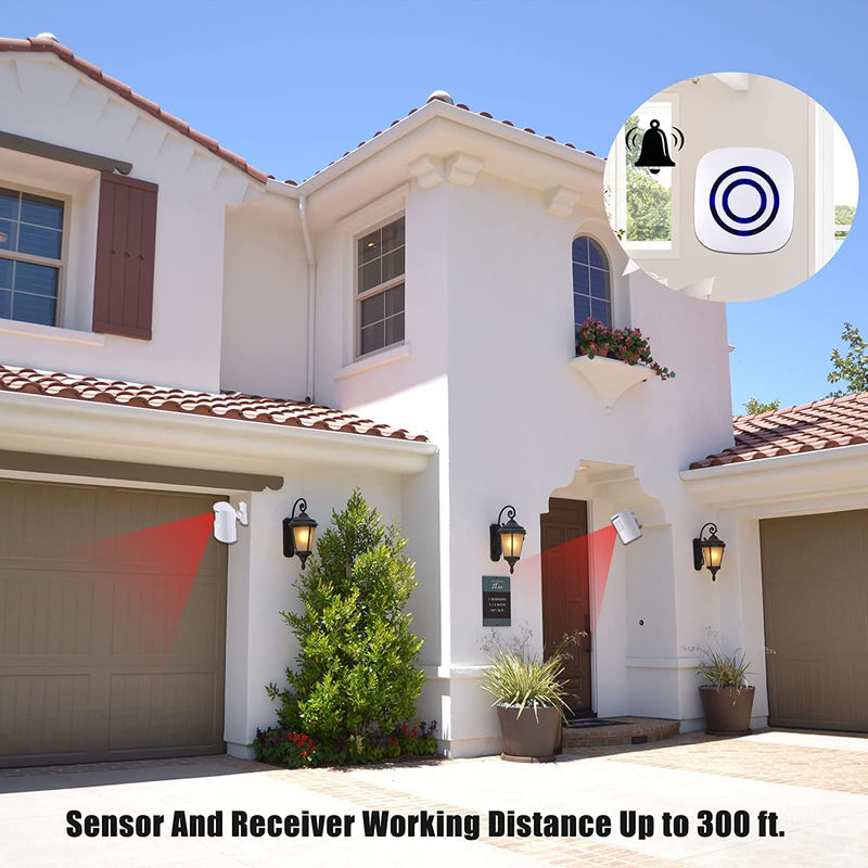 [Australia - AusPower] - Motion Sensor Alarm, Long Range Wireless Driveway Alarm, Indoor Home Security System Electric Doorbells, 4 Motion Detector and 2 Alarm, 38 Chime Tunes, LED Indicator 2 alarm + 4 detector 