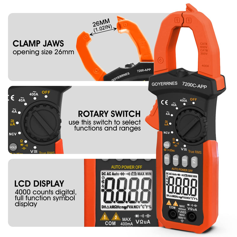 [Australia - AusPower] - Digital Clamp on Meter Multimeter, T-RMS 4000 Counts Auto-ranging Amp Voltage Tester Measuring AC/DC Voltage & Current, Resistance, Capacitance, Frequency, Diodes, Continuity, NCV Detection, Clamp meter 