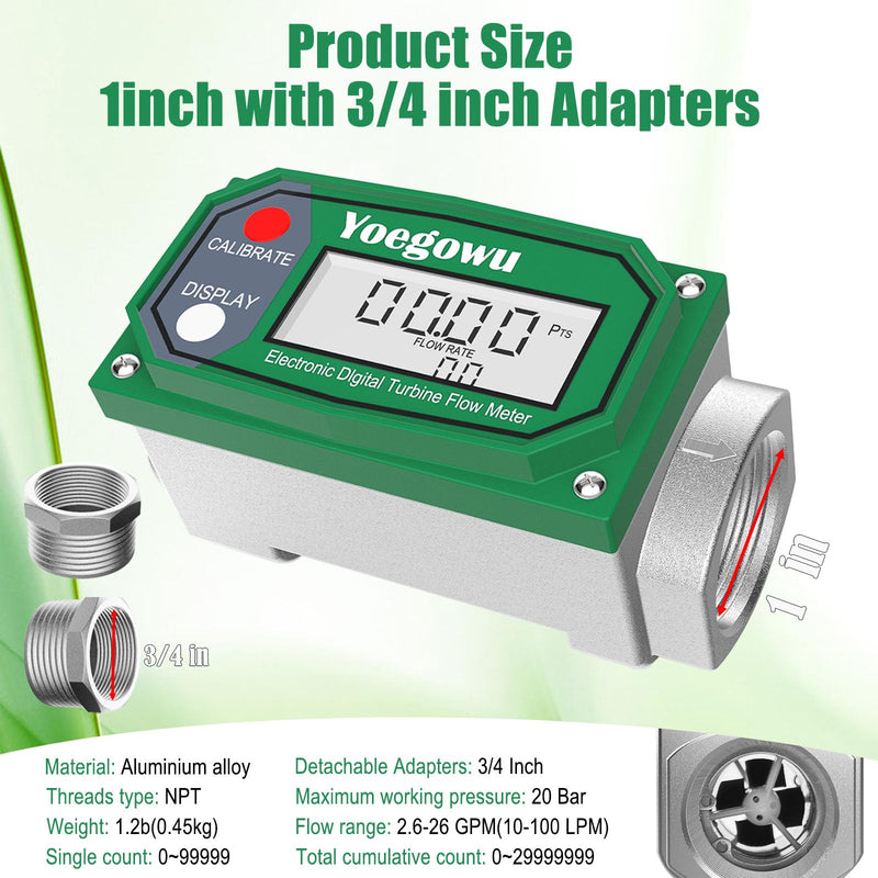 [Australia - AusPower] - 1" Digital Turbine Fuel Flow Meter, 2.6–26 GPM Inline NPT Flowmeter with LCD Display and 3/4" Adapters,For Diesel,Gasoline,Kerosene, Water and Other Liquids –Supports Gallon, L, QTS, PTS, m³ (1"&3/4") 1"&3/4" 