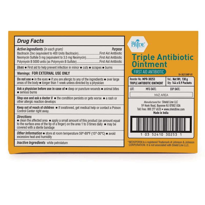 [Australia - AusPower] - MED PRIDE Triple Antibiotic Ointment [144 Packets x 0.9g Each]- First Aid Antibiotic Cream - Travel-Size Individual Antibiotic Ointment Packets for Burns, Scrapes, Cuts, Wound Care 