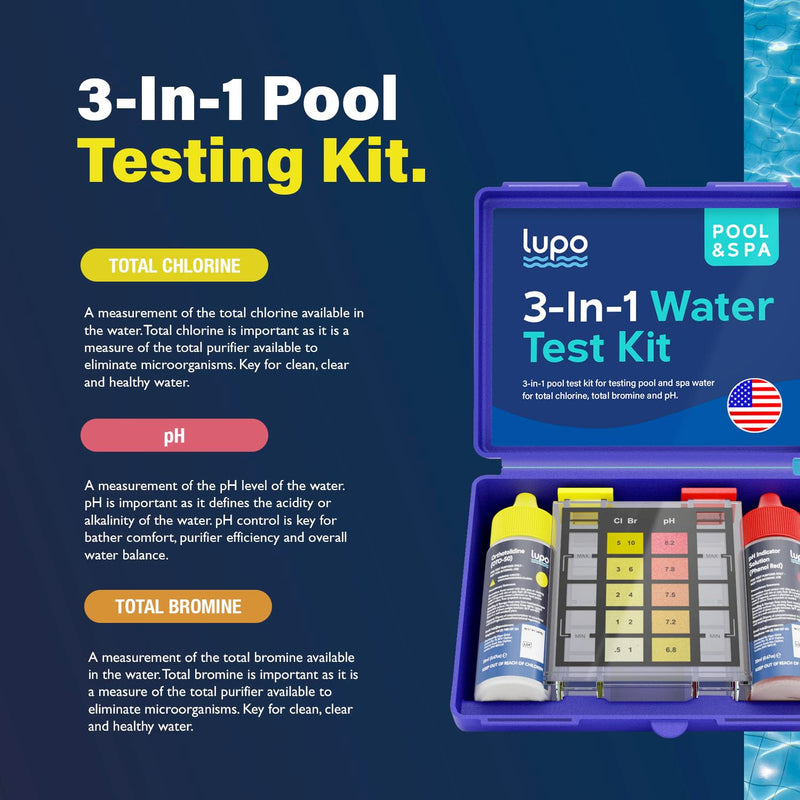 Lupo 3-in-1 Pool Test Kit | Pool Testing Kit for Residential Swimming Pools & Spas for Testing Total Chlorine, Total Bromine & pH | Pool Chemical Test for Quick & Accurate At-Home Pool Water Testing 3-in-1 Test Kit