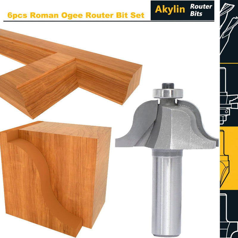 6Pcs Roman Ogee Router Bit Set,1/2" Shank,Decorative Edge Bits Double Radius 3/32", 1/8",5/32",3/16",7/32", 1/4" and,5/16" Edging Cutter for Wood Profiling,Routing,Molding 6 pcs - 1/2" Shank