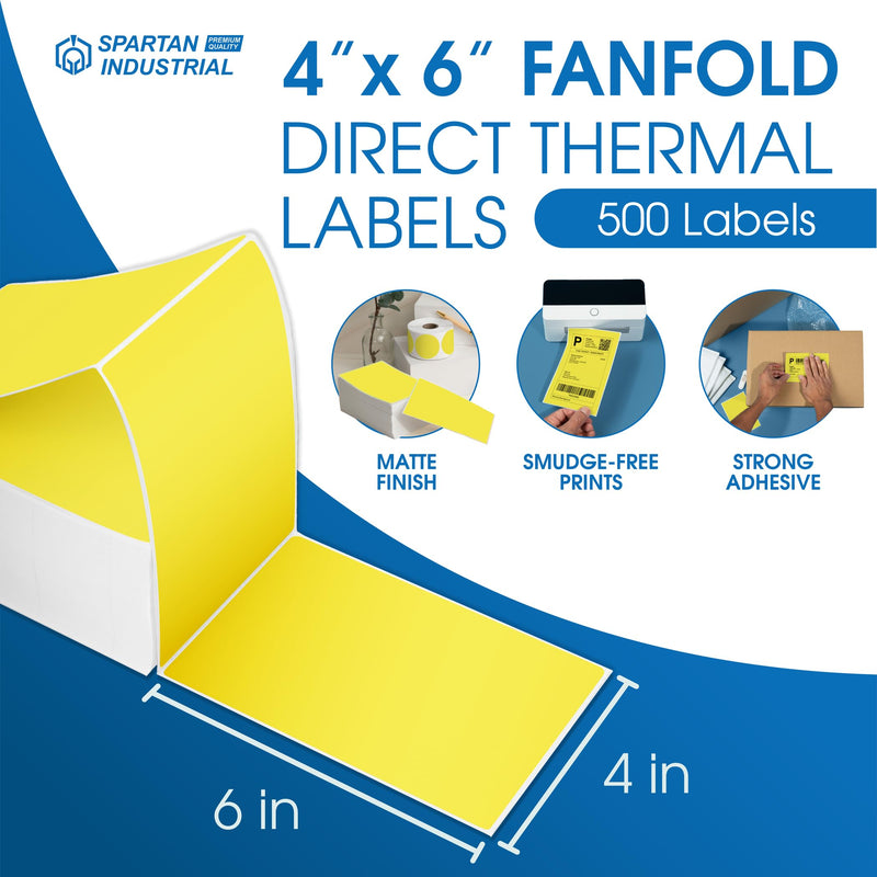 Spartan Industrial - 4" X 6" Yellow Direct Thermal Fanfold Labels (500 Count, 1 Stack) - Printable Postage Shipping Labels, Package Identification - Compatible with Zebra and Rollo Printers