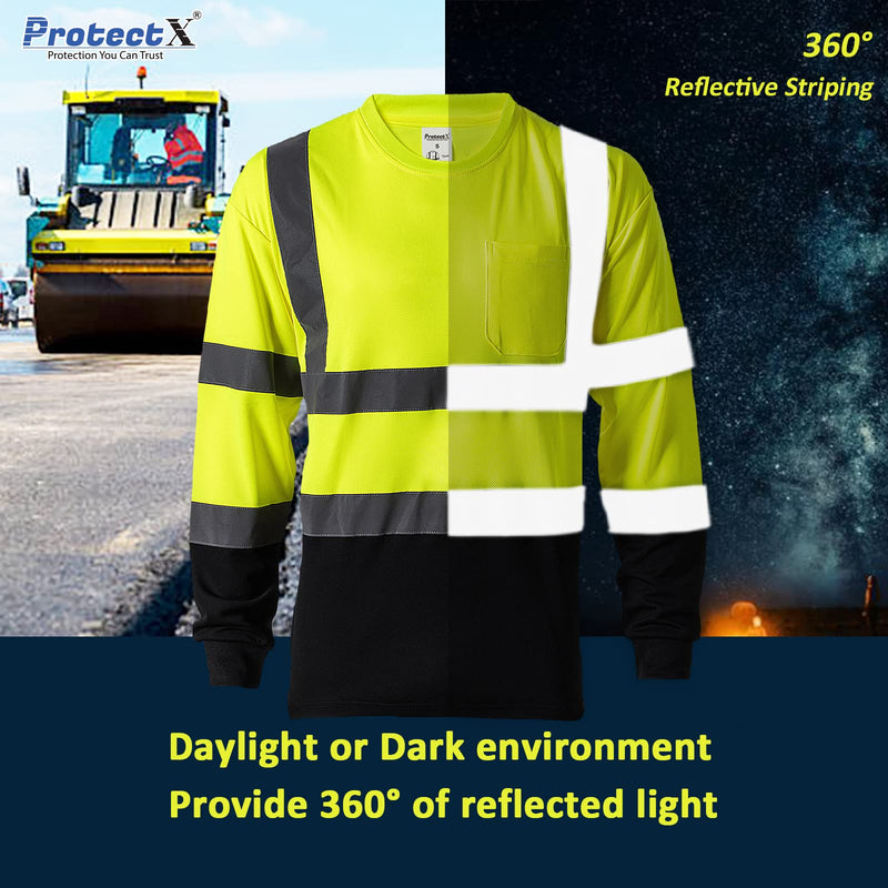 ProtectX High Visibility Heavy-Duty Long Sleeve Reflective Safety T-Shirt Type R Class2, Lime Green, Medium