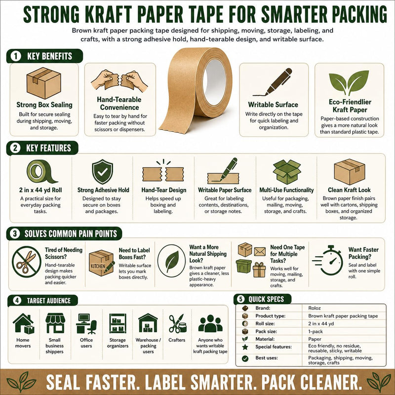 Brown Kraft Paper Packing Tape 1pk 2in x 44 yd – Strong Adhesive, Hand-Tearable, Writable Shipping Tape for Moving Boxes – Ideal for Packing, Mailing, Storage, and Shipping 1-Pack