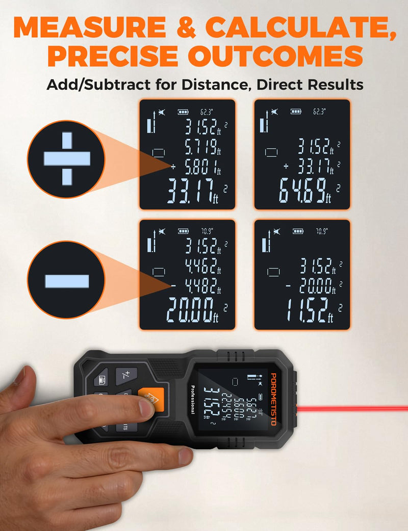 Laser Measure Tool (262ft/80m, ±2mm) with Tripod Mount and Angle Sensor | POROMETISTO 12 Modes（ Angle, Area, Volume, Pythagorean）Handheld Laser Distance meter for Home Construction 80M/262FT