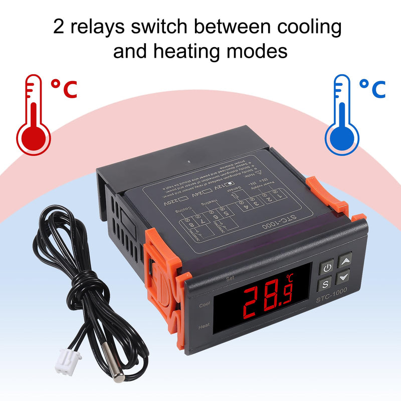 [Australia - AusPower] - STC-1000 DC 12V 10A Digital LED Temperature Controller Thermostat Control Switch 2 Relay Output and NTC 10K Thermistor Sensors Digital Temperature Probe 1pcs 