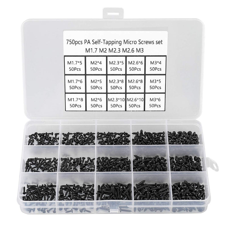 [Australia - AusPower] - 750 Pcs Small/Micro/Tiny/Mini Self-Tapping Screws, M1.7-M3 Phillips Pan Head, Cross Recessed, DIY Electronic, Carbon Steel (Black) 