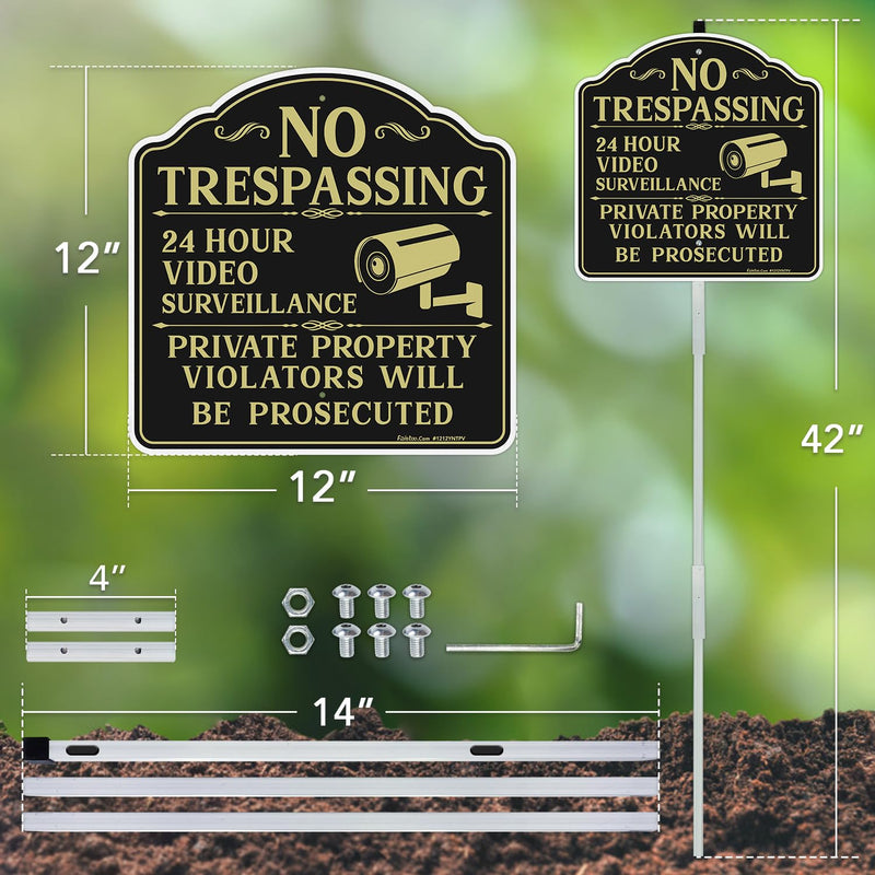 Faittoo No Trespassing Signs Private Property Video Surveillance Sign with 42" Stake, 2-Pack 12"x12" Rust Free Aluminum, Reflective, 2 Pre-drilled Holes, Includes Matching Screws & Wren Black Gold with 42" Stake- 2 Pack