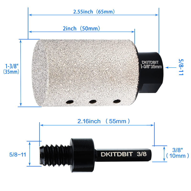 Diamond Coated Finger Bit, 1-3/8" Tile Milling Bit to Enlarge Polish Shape Holes on Porcelain Ceramic Marble Granite Tile Countertop, with 5/8-11 Thread to 3/8" Hex Shank Adapter, Diameter 35mm 1-3/8”（35mm）