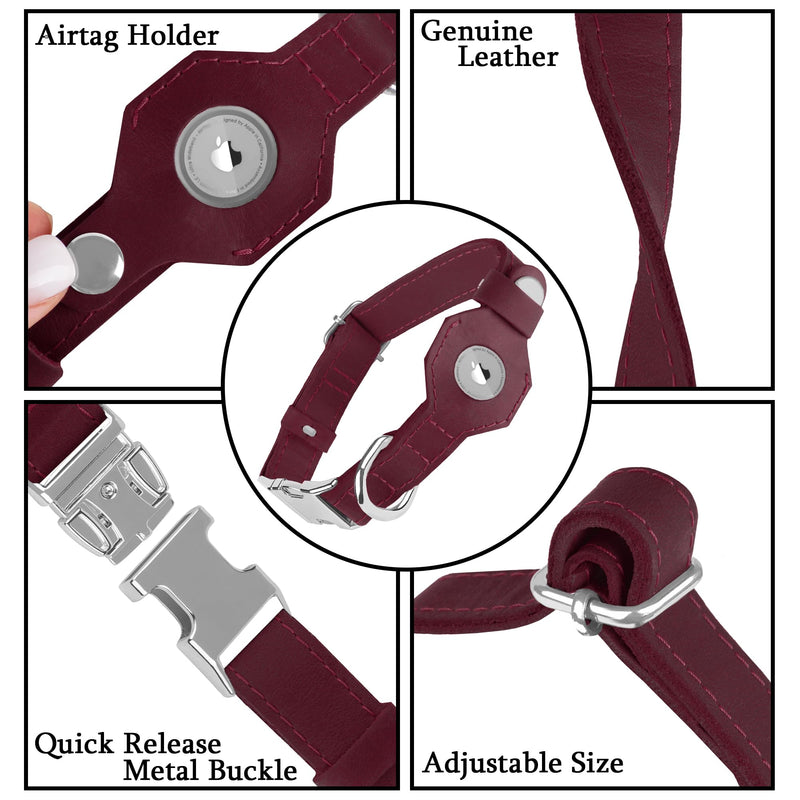 Leather Dog Collar with Airtag Holder - Soft Adjustable Airtag Dog Collar with Metal Buckle - GPS Tracking Apple Air Tag Pet Collar for Small Large Dogs (Burgundy, XL, 20"-25" Neck Fit) Burgundy