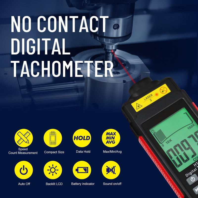 [Australia - AusPower] - Digital RPM Tachometer Check for RPM & Counting, 10-99999 RPM High Precision Laser Non Contact Tachometer RPM Meter Tester with Reflection Tape, Backlit Large LCD, Data Hold, and Max/Min/AVG Function 