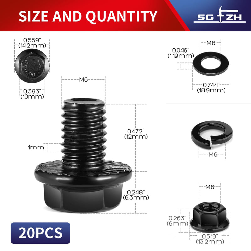 [Australia - AusPower] - M6 x 12mm Flanged Hex Head Bolts, Nuts, Flat & Lock Washers, 20Pcs 18-8 (304) Stainless Steel, Fully Threaded, Black Oxide by SG TZH M6 x 12mm 20 
