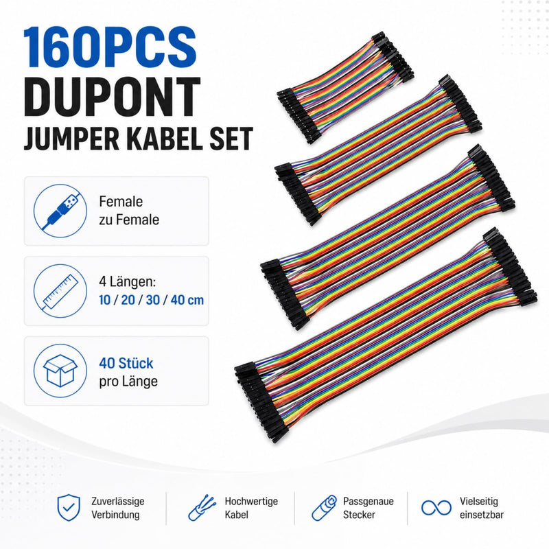 Dupont Jumper Cable Set 160pcs 10-40cm Female to Female | 160 multicolored jumper cables in 10/20/30/40 cm lengths; for breadboards and projects with Arduino, Raspberry Pi, and electronics. BB