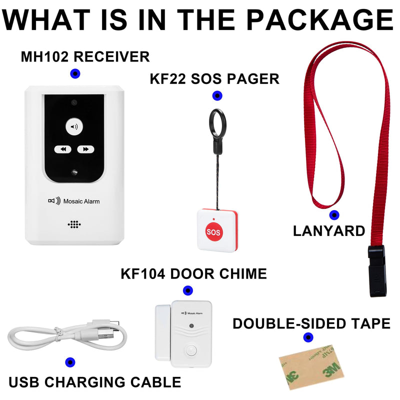 2-in-1 Elderly SOS Call Panic Button Waterproof Caregiver Pager Nurse Alert. Portable Receiver Long-lasting Rechargeable Battery-powered. Doorbell (Door Open Alarm) Cordless Bed Alarms