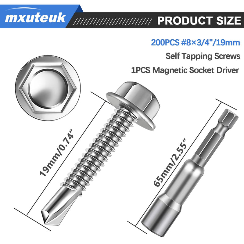[Australia - AusPower] - mxuteuk #8×3/4" Hex Washer Head Self Tapping Screws 410 Stainless Steel Self Drilling Screws,Self Tapping Screws for metal,Sheet Metal Screws Suitable for Wood, Metal or Tough Materials (200PCS) #8×3/4" 