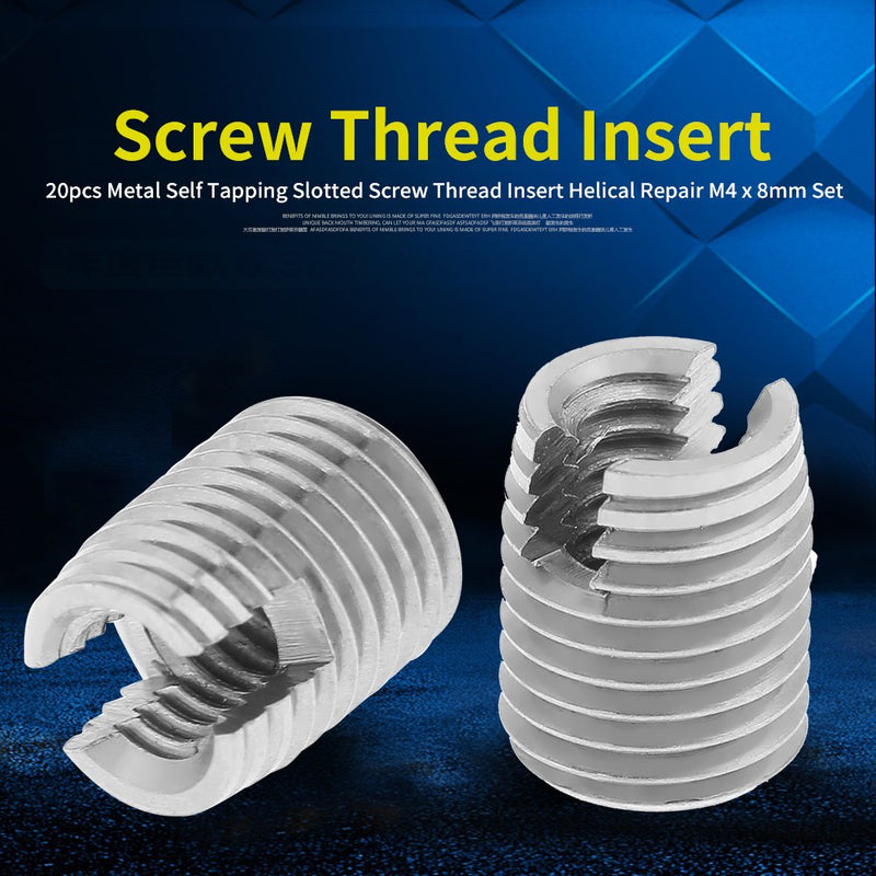 [Australia - AusPower] - 20pcs Thread Repair Insert, Metal Self Tapping Slotted Screw Thread Insert Helical Repair M4 x 8mm Set 
