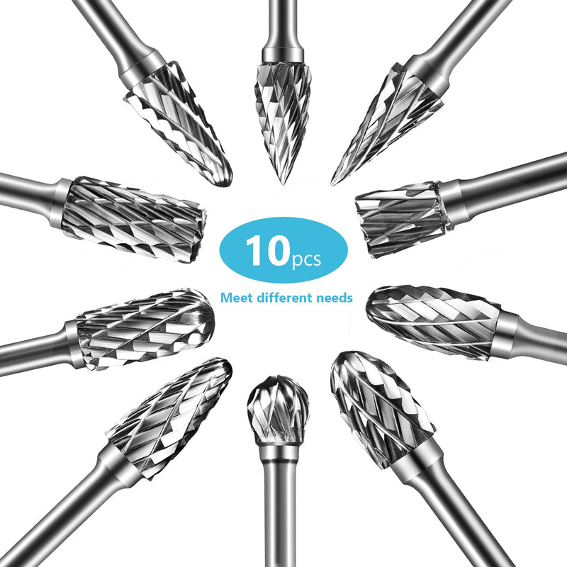 [Australia - AusPower] - Carbide Burrs, 10 Pieces Double Cut Metal Router Bit Dremel Grinding Attachments for Grinding, Carving, Metal Polishing, Engraving, Drilling 