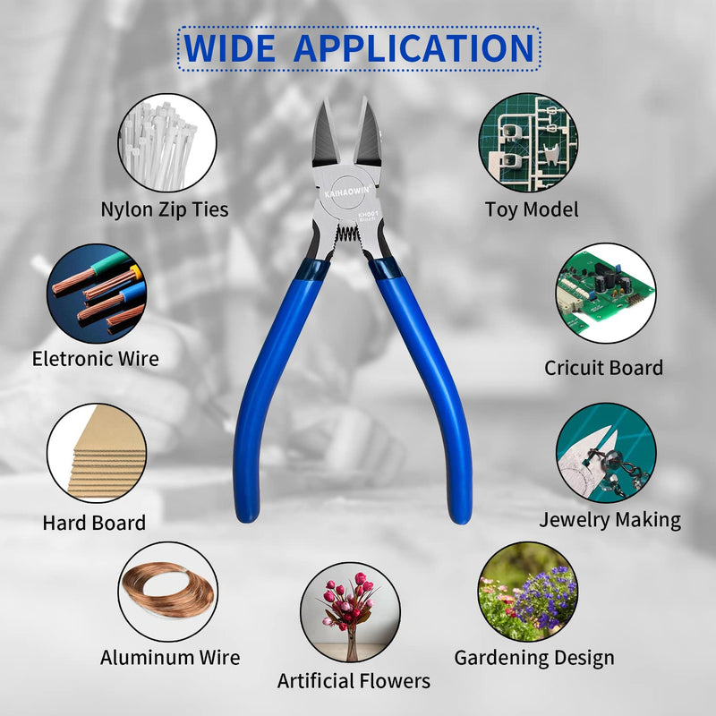 [Australia - AusPower] - Wire Cutters 2 Pack, 6.5 inch,KAIHAOWIN Flush Cutters Diagonal Cutters Side Cutters Precision Ultra Sharp Spring Loaded Wire Snips Clippers Dikes Cutting Pliers Small for Crafting Jewelry Making,Blue 6"x2 PCS 