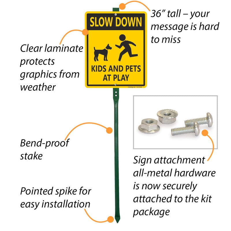 SmartSign "Slow Down - Kids And Pets At Play" LawnBoss® Sign | 10" x 12" Aluminum Sign With 3' Stake