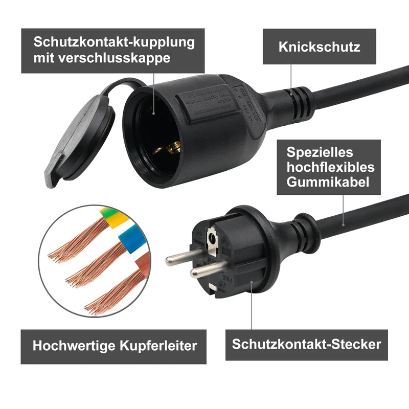 Outdoor Extension Cable 2 m for Outdoor Use, Rubber Extension Power Cable with Schuko Plug, IP44 Extension Cable, 3G 1.5 mm² Cable, Outdoor Electric Cable, with Protective Cap, 3500 W, Black