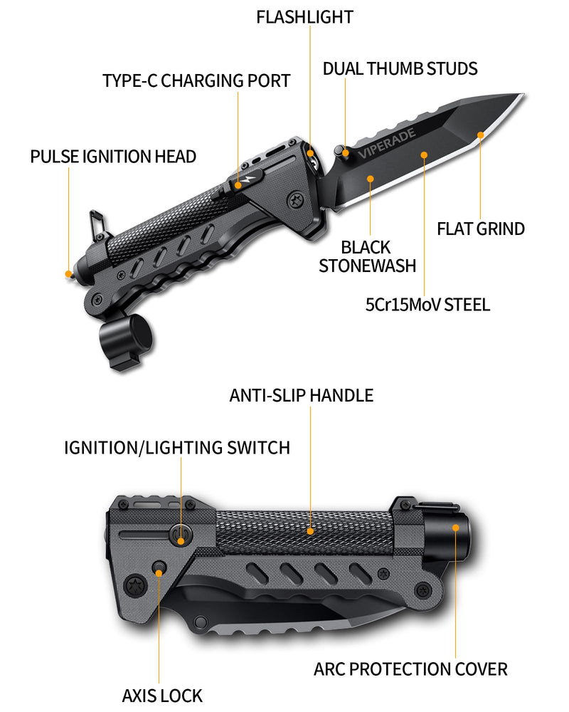 VIPERADE VAK6 Survival Multitool with Folding Knife, LED Flashlight, Pulse Ignition and Hand Crank Generator, Camping Multitool Knife Rechargeable Flashlight with Belt Sheath Black