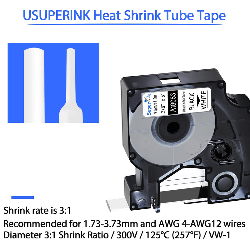 USUPERINK 10 Pack 9mm White Industrial Heat Shrink Tube Compatible for DYMO 18053 3/8" Black on White Label Tape for Cables Use with Rhino 3000 4200 5200 5000 6000 Industrial Label Maker