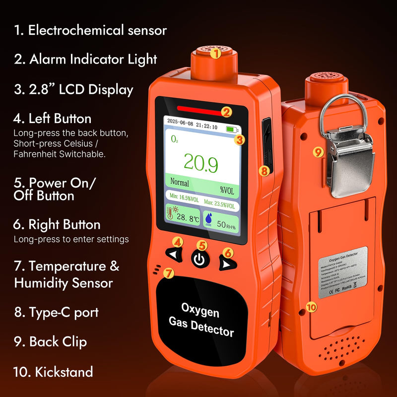 [Australia - AusPower] - Portable Oxygen Detector, Rechargeable O2 Monitor with Sound, Light, Vibration Alarms, Oxygen Air Quality Meter Measures Temperature & Humidity for Indoor Outdoor Use 