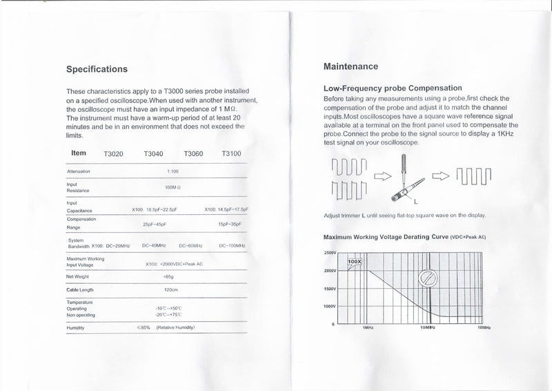 [Australia - AusPower] - T3100 High Voltage Probe 100MHz DC Bandwidth 1:100 Attenuation Probe Peak AC Max Working Input Voltage Works with Oscilloscope T3100-100MHz 