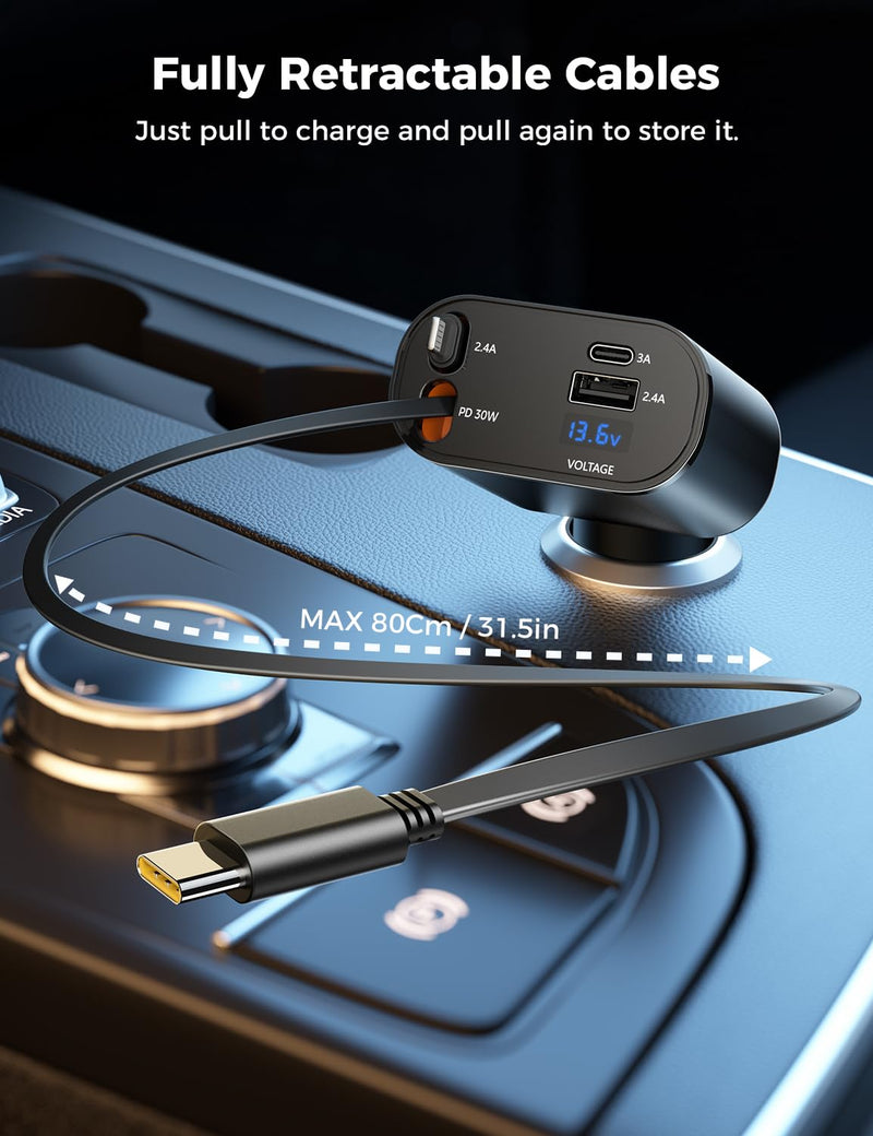 [Australia - AusPower] - 【Upgraded】 SUPERONE Retractable Car Charger 4 in 1, Fast Car Phone Charger with Cord 2.6ft, USB C and Lightning Car Charger Adapter, Compatible with iPhone 15/15 Pro Max/14/13/12/11, Galaxy, Pixel Black 