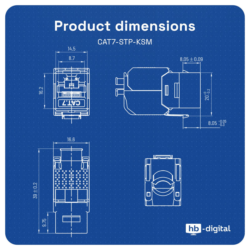 HB-DIGITAL 4x CAT 7 Keystone RJ45 Module Socket for Rigid LAN Cable | 10 Gbps, AWG 22-24, tool-free, LSA fully shielded STP, gold-plated contacts for patch panel network socket 4 pcs.
