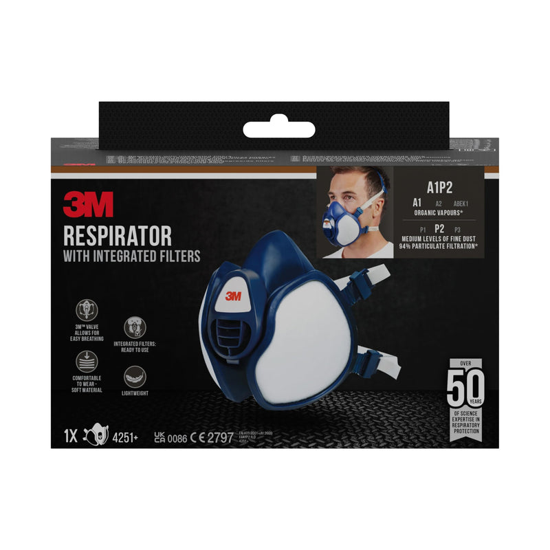 3M 4251C Half-Mask Respirator for Spray Painting / Machine Sanding Protection Level A1P2 / Ready for Use / Low Breathing Resistance / Especially Lightweight | Ready-to-use half mask for painting and sanding with comfortable fit, wide field of vision an...