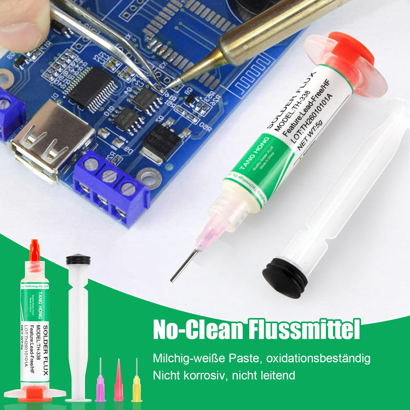 TH-338 Flux Soldering, 5 ml No-Clean Lead-Free Rosin Flux (Pack of 2), 2.5 mm/3 m Desoldering Braid (Pack of 1), Suitable for Mobile Phone Soldering, BGA, Household Appliance Repairs 3-piece set