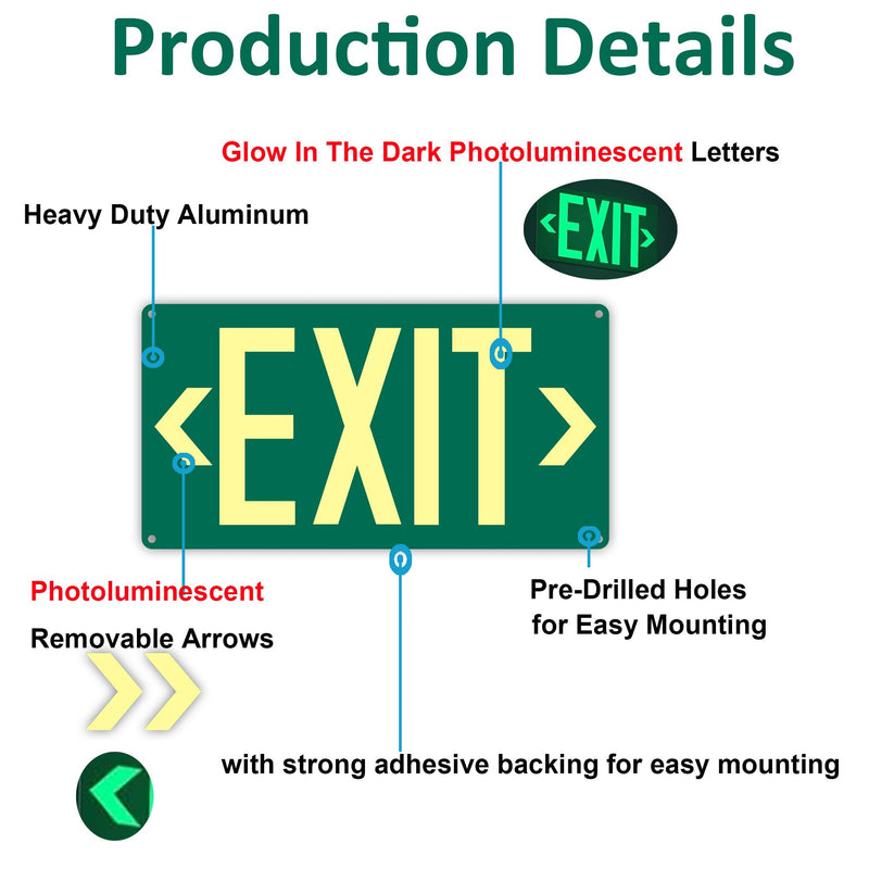 (2Pack) Photoluminescent Exit Sign, Glow In The Dark Aluminum Exit Sign Green - Adhesive Backing - 4pcs Removable Arrows Included - 14.25 x 7.5 Inches - Non Electrical Exit For 50 Feet Visibility Green - Exit