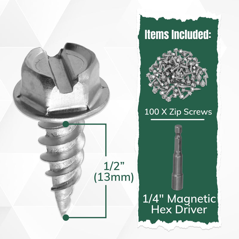 [Australia - AusPower] - A-M Gutter Guard - 1/2" #8 Stainless Steel Zip Screws - Self-Piercing Easy Start Tip - Mill Finish - 1/4" Slotted Hex Washer Head - Pack of 100 - Includes 1/4" Magnetic Hex Driver – For Gutter Install 