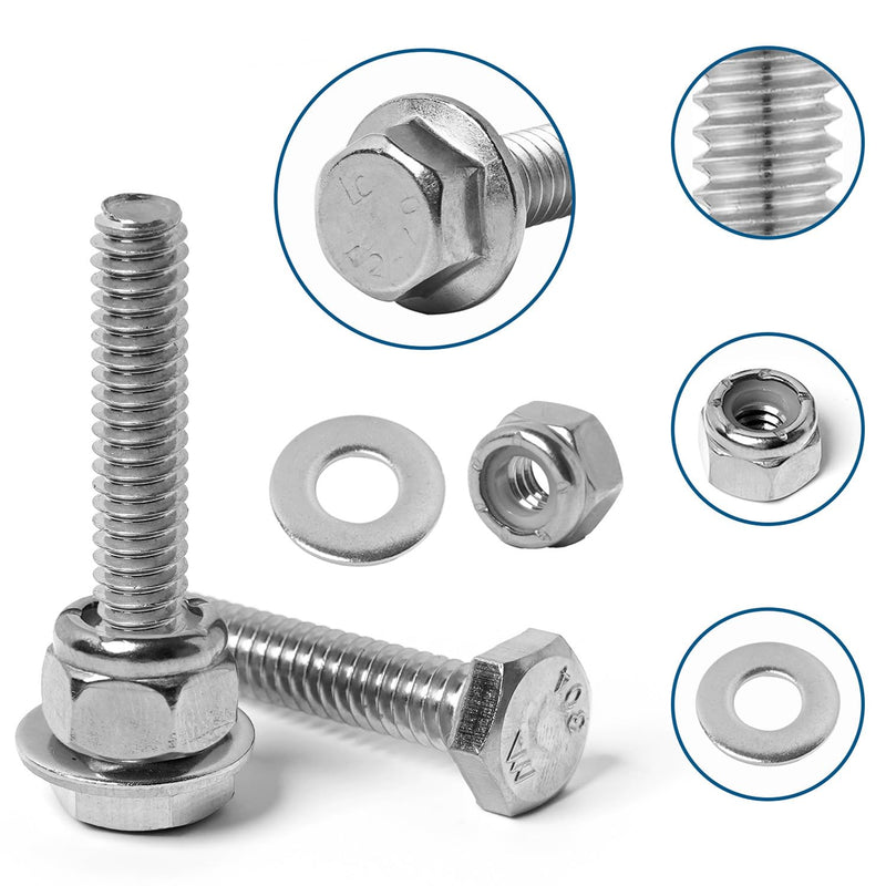 1/4-20 Flange Hex Bolts Screws Nylon Insert Lock Nuts Flat Washers Kit, Stainless Steel 304, Fully Threaded Hex Bolt 1/4-20 x 1/2" 3/4" 1" 1-1/4" 1-1/2" 1-3/4" 2" Length