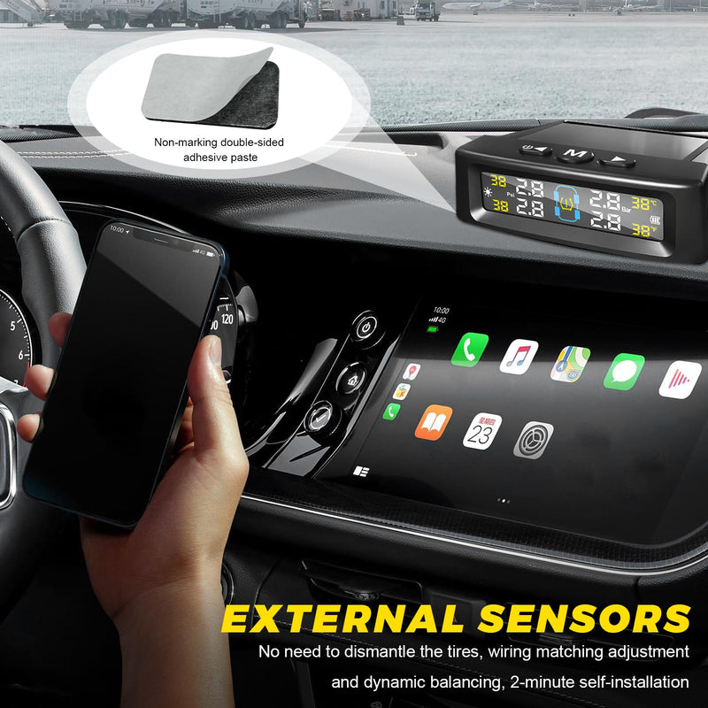 Sun Walker Tire Pressure Monitoring System, Wireless Tire Pressure Monitor with 4 Sensors & 6 Alarm Modes, Real-Time LCD Display TPMS with Solar & USB Charger for RV Truck Trailer