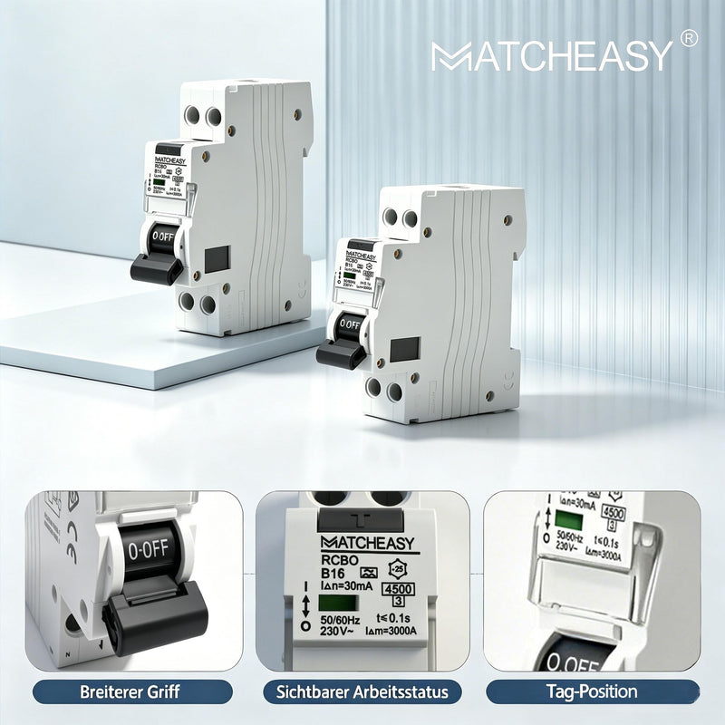RCBO FI/LS Switch 16A Type A, 30mA Residual Current Circuit Breaker, 1P+N 230V 4.5kA, Curve B, Top-Hat Rail Switch for New Construction and Old Building Renovation Curve B-16A