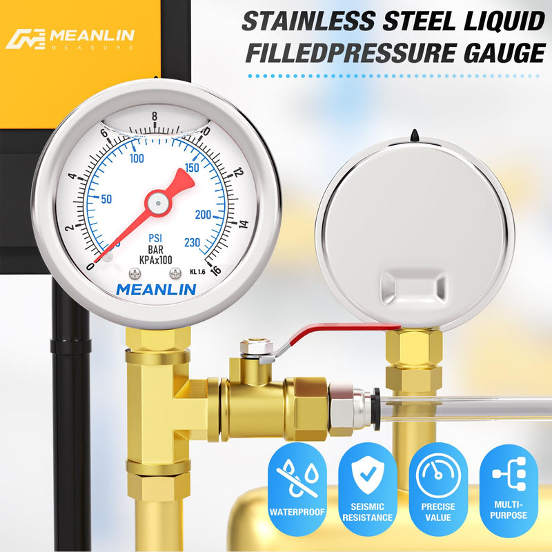 [Australia - AusPower] - MEANLIN MEASURE 0-16BAR/0~230Psi Stainless Steel 1/8" BSP 1.5" Face Dial, Glycerine Filled Pressure Gauge, Liquid Filled, Water Oil Air, Forearm, with 1/8" x 1/4" BSP and 1/8" x 3/8" BSP Hex Socket 0~16BAR/0~230PSI Mounted on the bottom 