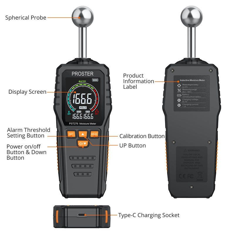 [Australia - AusPower] - Proster Moisture Meter - with Color LCD Alarm Function Hold Function Moisture Meter for wall,wood,masonry,concrete,plaster,building materials 5-40mm Analysis depth Spherical 