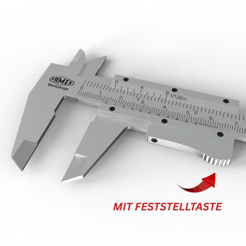 FAMEX Precision Calliper Caliper - 0-150mm 0.05mm Resolution - Measuring Tool for Exterior, Indoor & Depth Measurements, Adjustment Button, Storage Bag, Ideal for Workshop, DIY