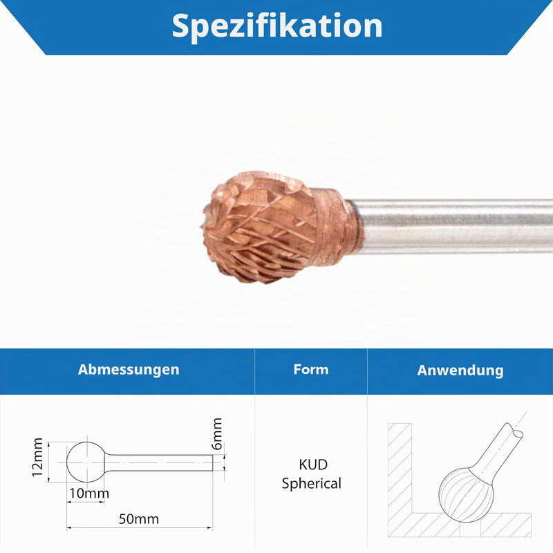Ultra Co Coated Carbide Burr 12mm (Metric) Diameter with 6mm Metric Shank, (Specially with Chipbreaker) TJR... (Ball Shape)