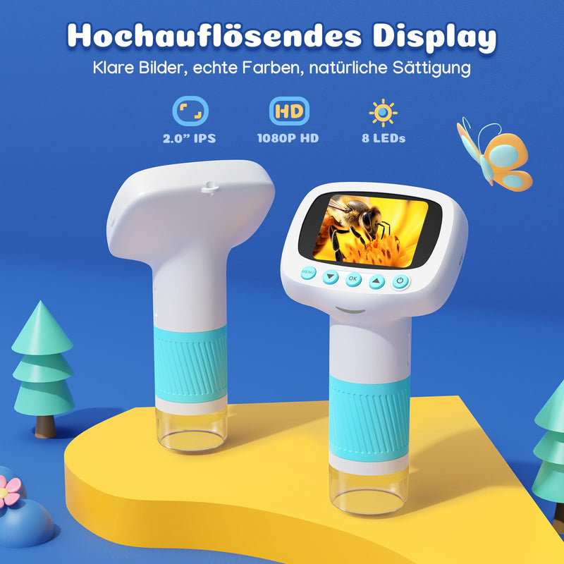 Leipan Portable Children's Microscope with 2 Inch IPS Screen | Digital microscope for children, USB microscope, photo and video recording, magnifying glass toy from 3 years blue