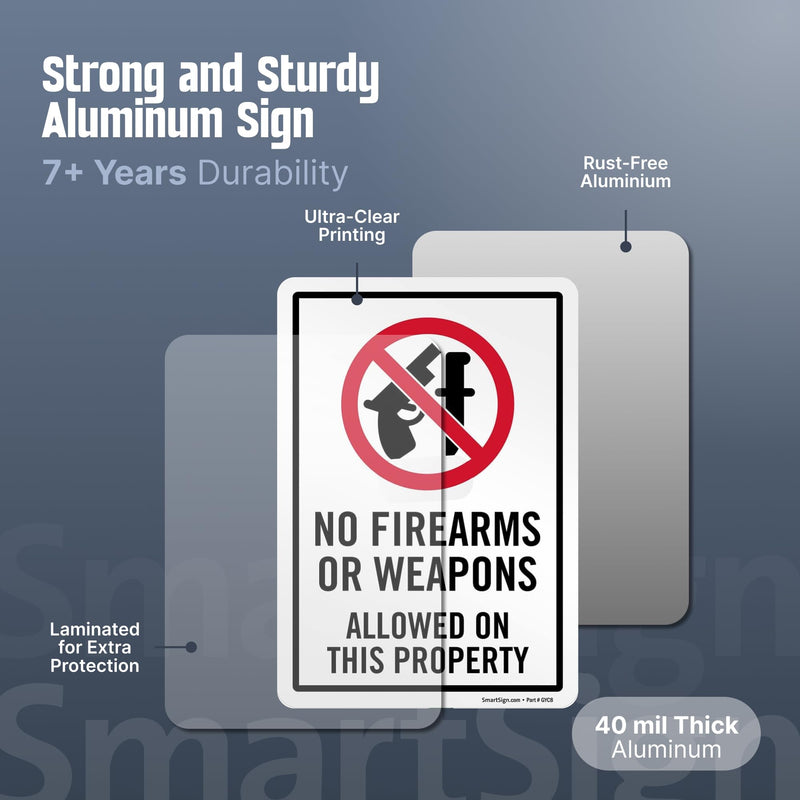 SmartSign 10 x 7 inch “No Firearms Or Weapons Allowed On This Property” LawnPuppy Yard Sign and 18 inch Stake Kit, 40 mil Laminated Rustproof Aluminum, Red, Black and White, Set of 1 7" x 10" Aluminum Sign with 18" Stake