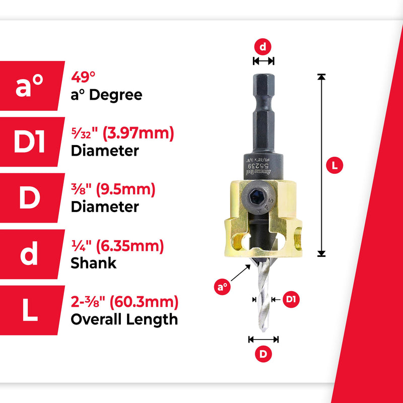 Amana Tool Carbide Tipped Adjustable Countersink with Depth Stop, 55239, 3/8 Dia x 49 Degree Angle x 1/4 Shank, Includes Replacement Drill Bit 630-230