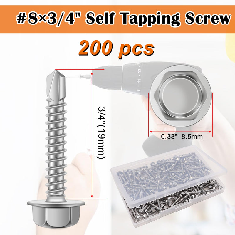 [Australia - AusPower] - weideer 200pcs #8×3/4" Self Tapping Screws for Metal Sheet Metal Screws 410 Stainless Steel Hex Washer Head Self Drilling Screws Quick Tapping Screw with Screwdriver Bit 