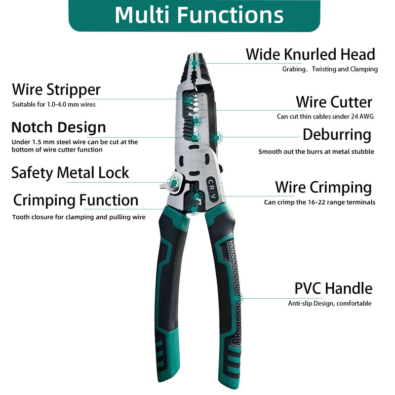 [Australia - AusPower] - 10-in-1 Wire Stripper Tool,Wire Strippers,Cable Cutters,CR-V Multifunctional Plier with Wire Stripper Crimper Side Cutter, Shearing,Screw Gripping Pliers for Electric Cable 10-in-1 stripper 